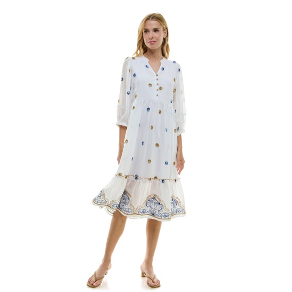 figueroa & flower Dresses & Skirts - Figueroa & Flower Women's Elbow Sleeve Embroidered Midi Dress White Boho, Chic L